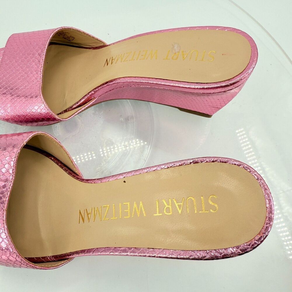 Stuart Weitzman Larunda Women's Mule Sandal Size 7.5 Wedge Heel Pink Slide Snake - Picture 10 of 16
